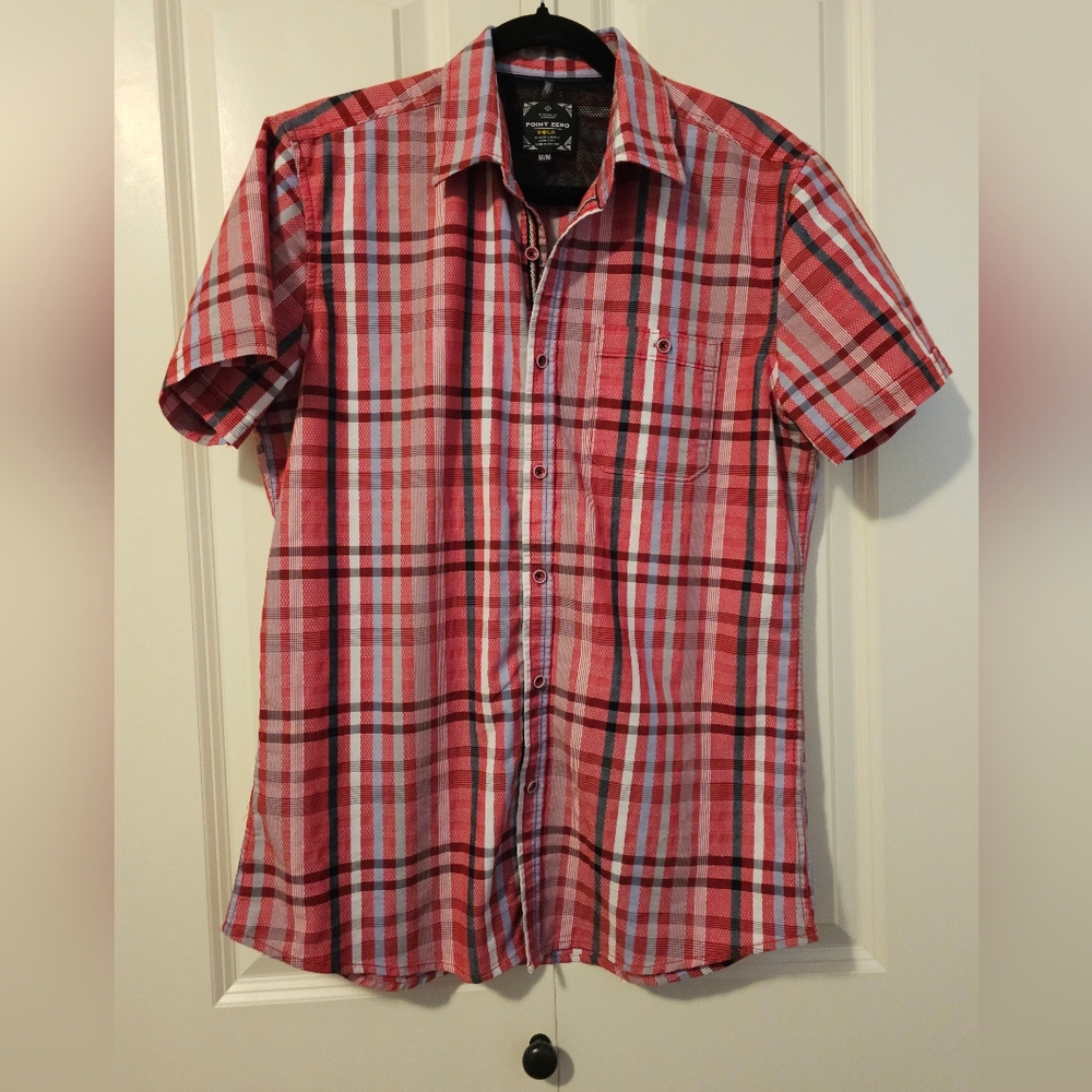 Point Zero Men's Red Grey White Plaid Short Sleeve Shirt Easy Iron Semi Fit SZ M